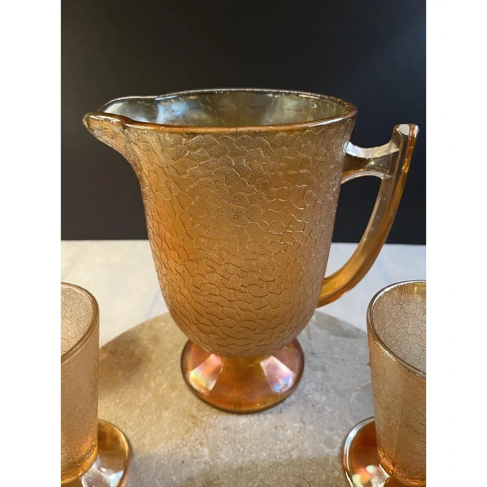 Beautiful Marigold 1930's Crackle Jeanette Glass Pitcher W/ 6 Footed Tumblers